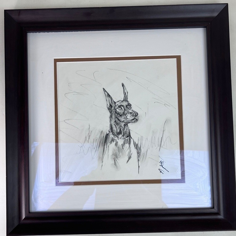 Framed Doberman Sketch Art Dog‎ Portrait Drawing Signed Wall Decor